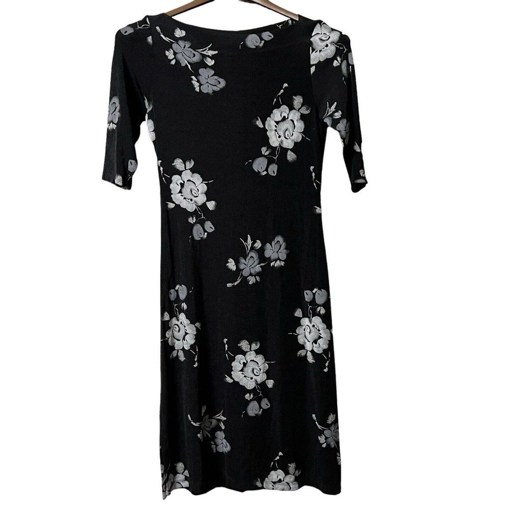 Vintage 90's Y2K Floral Midi Dress Black La Belle‎ Size Large Made In USA